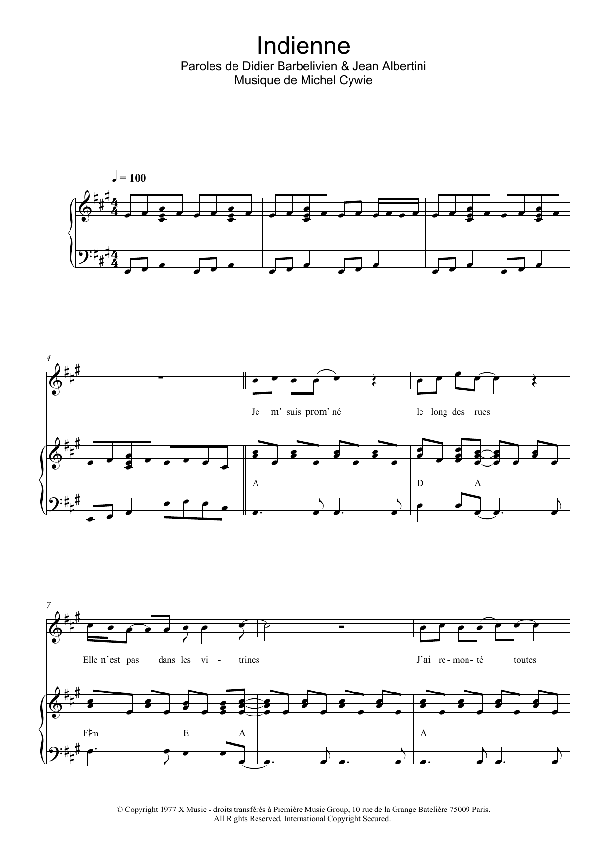 Download Didier Barbelivien Indienne Sheet Music and learn how to play Piano & Vocal PDF digital score in minutes