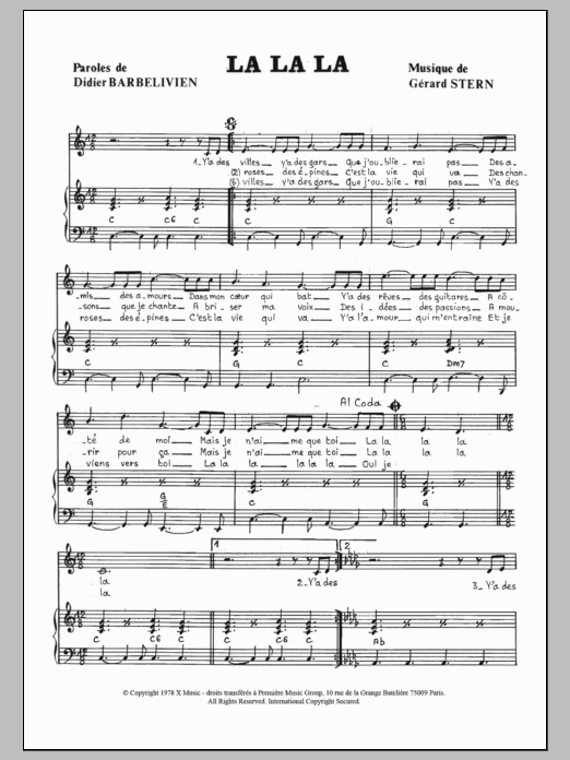 Download Didier Barbelivien La La La Sheet Music and learn how to play Piano & Vocal PDF digital score in minutes