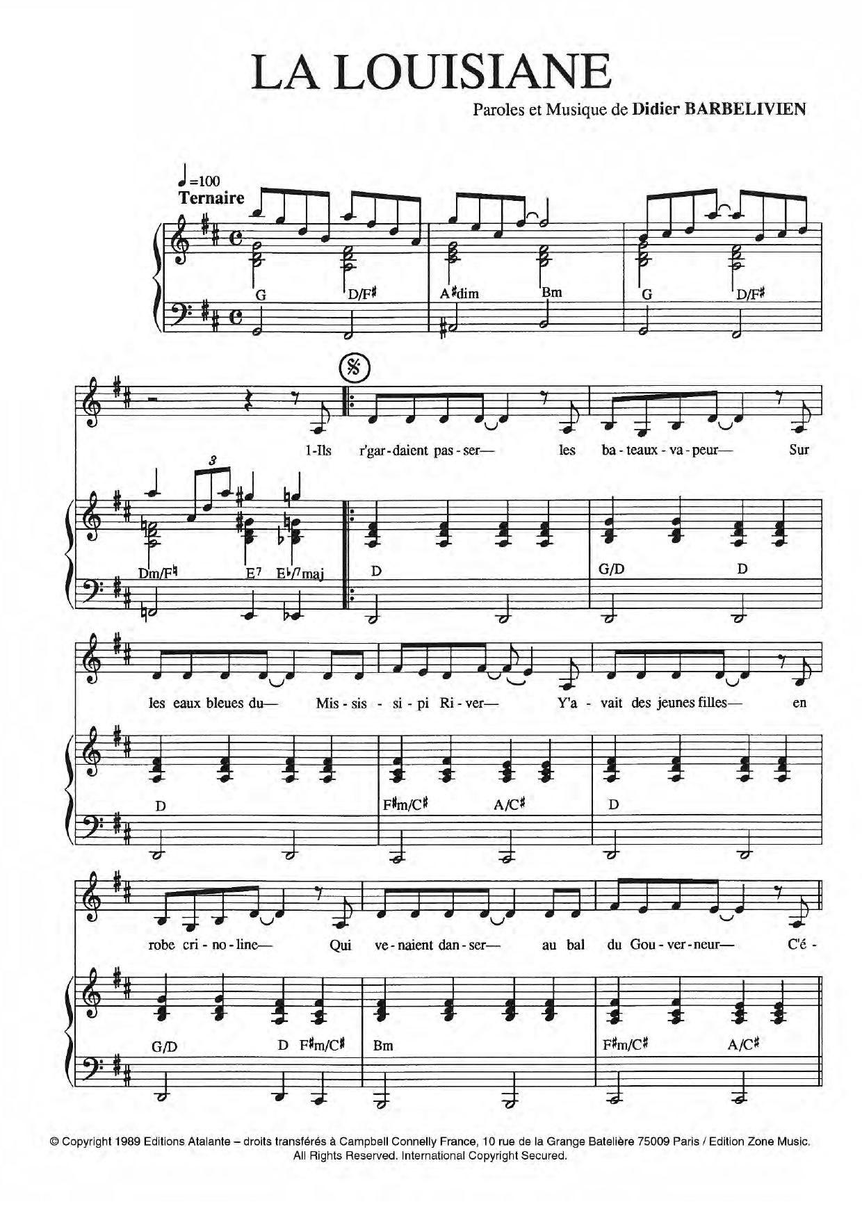Download Didier Barbelivien La Louisiane Sheet Music and learn how to play Piano & Vocal PDF digital score in minutes