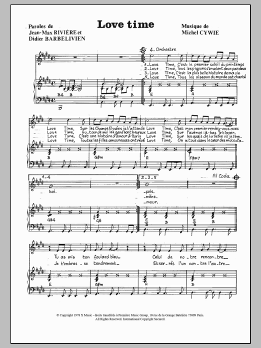 Download Didier Barbelivien Love Time Sheet Music and learn how to play Piano & Vocal PDF digital score in minutes
