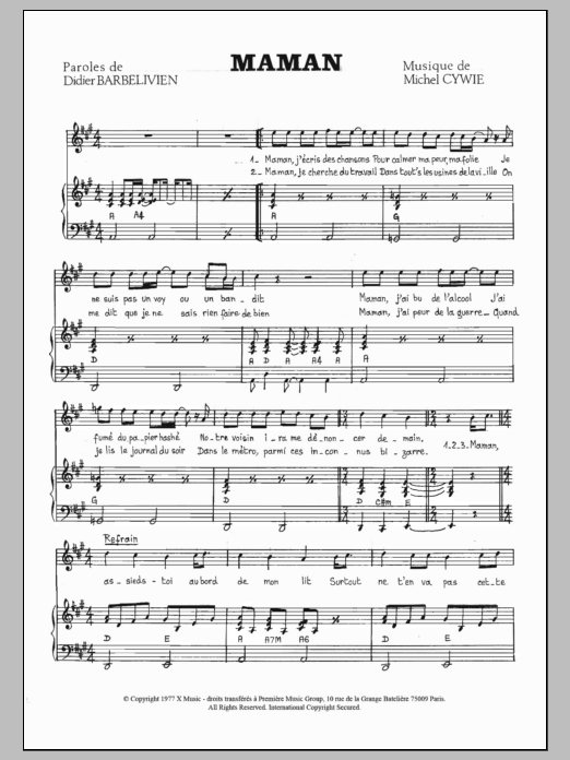 Download Didier Barbelivien Maman Sheet Music and learn how to play Piano & Vocal PDF digital score in minutes