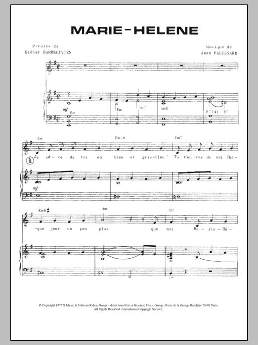 Download Didier Barbelivien Marie Helene Sheet Music and learn how to play Piano & Vocal PDF digital score in minutes