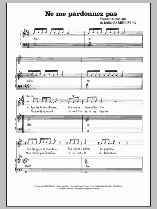 Download Didier Barbelivien Ne Me Pardonnez Pas Sheet Music and learn how to play Piano & Vocal PDF digital score in minutes
