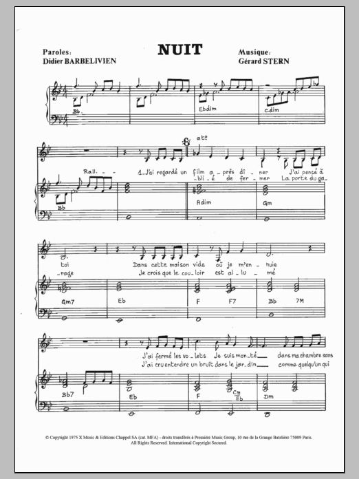 Download Didier Barbelivien Nuit Sheet Music and learn how to play Piano & Vocal PDF digital score in minutes