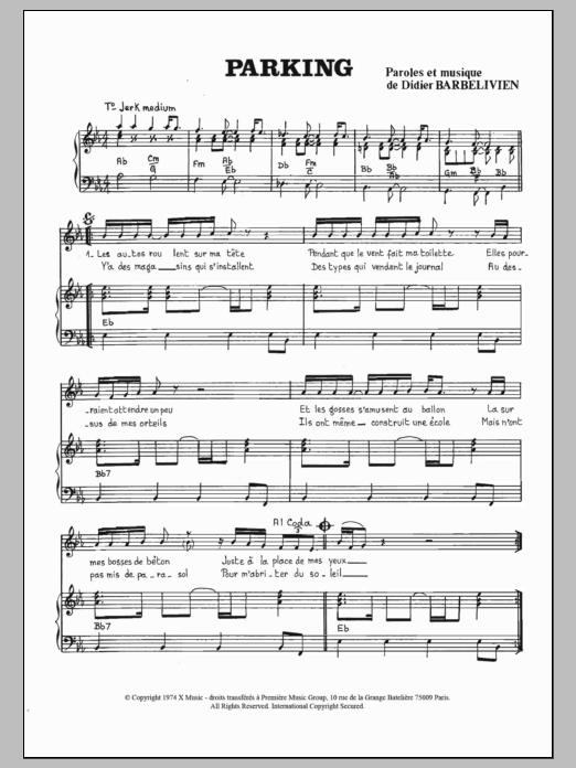 Download Didier Barbelivien Parking Sheet Music and learn how to play Piano & Vocal PDF digital score in minutes