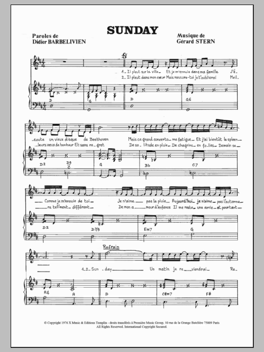 Download Didier Barbelivien Sunday Sheet Music and learn how to play Piano & Vocal PDF digital score in minutes