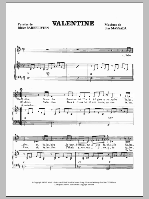 Download Didier Barbelivien Valentine Sheet Music and learn how to play Piano & Vocal PDF digital score in minutes