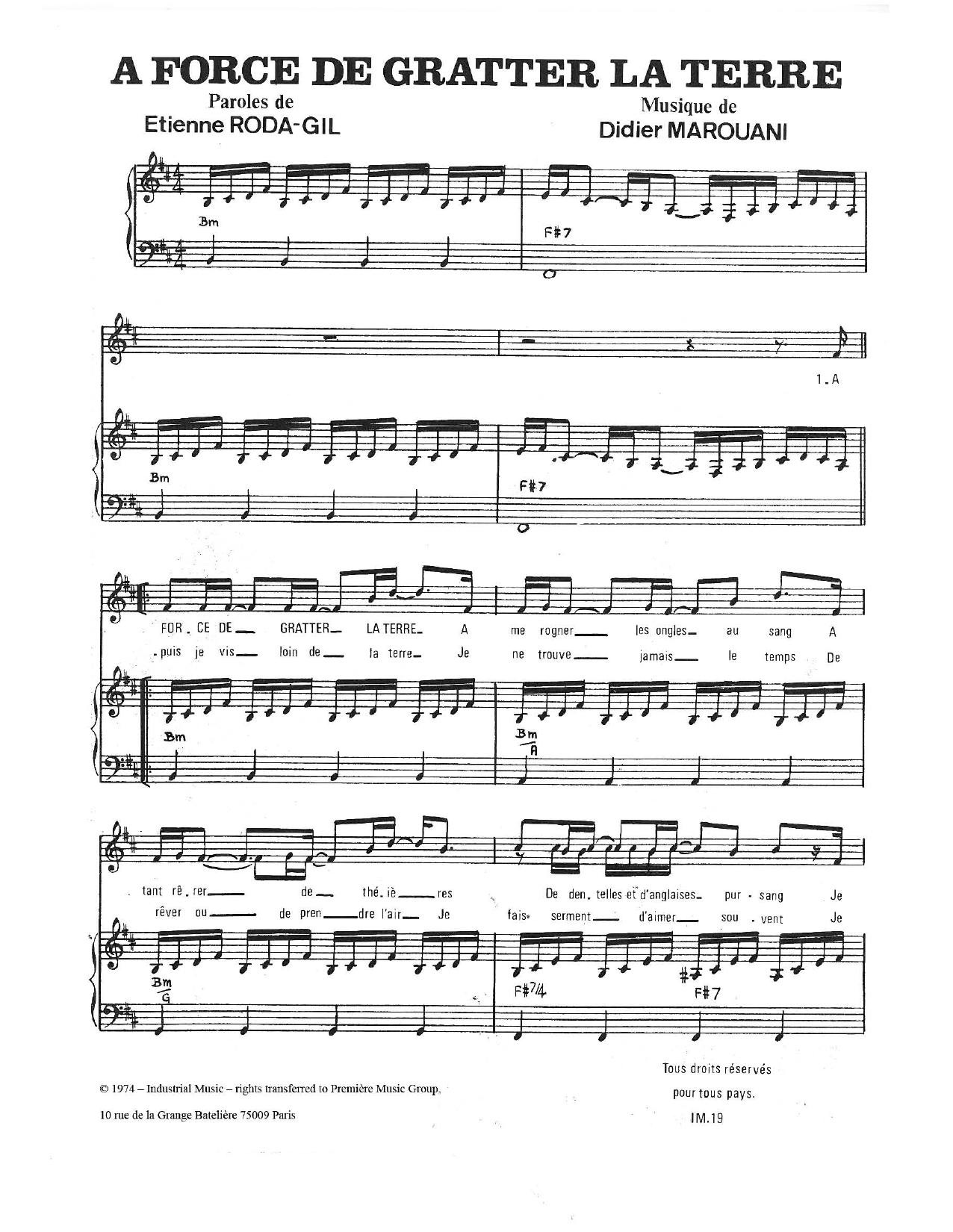 Download Didier Marouani A Force De Gratter La Terre Sheet Music and learn how to play Piano & Vocal PDF digital score in minutes