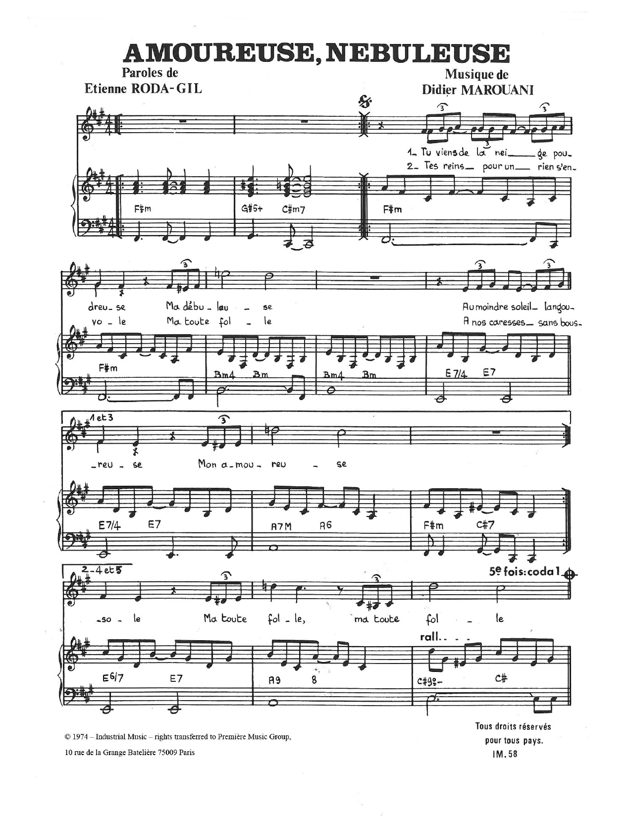 Download Didier Marouani Amoureuse, Nebuleuse Sheet Music and learn how to play Piano & Vocal PDF digital score in minutes