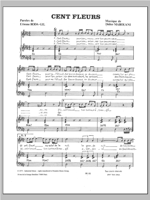 Download Didier Marouani Cent Fleurs Sheet Music and learn how to play Piano & Vocal PDF digital score in minutes