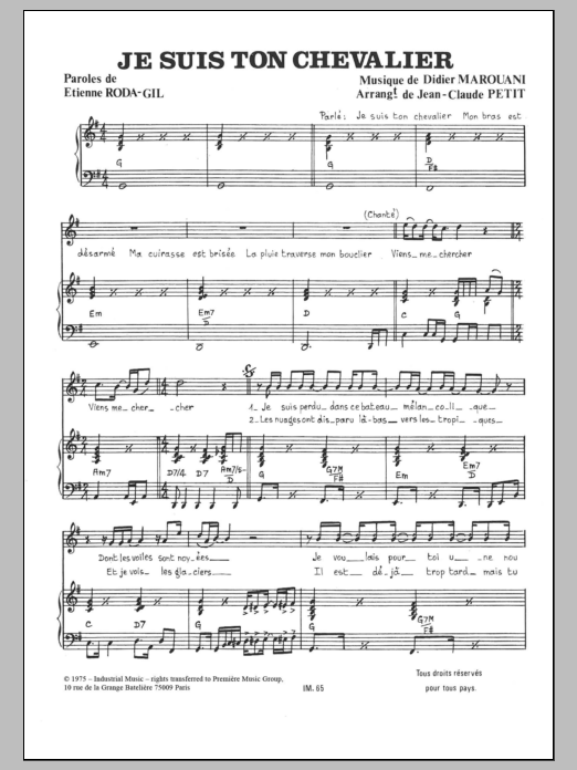 Download Didier Marouani Je Suis Ton Chevalier Sheet Music and learn how to play Piano & Vocal PDF digital score in minutes