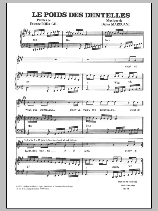 Download Didier Marouani Le Poids Des Dentelles Sheet Music and learn how to play Piano & Vocal PDF digital score in minutes
