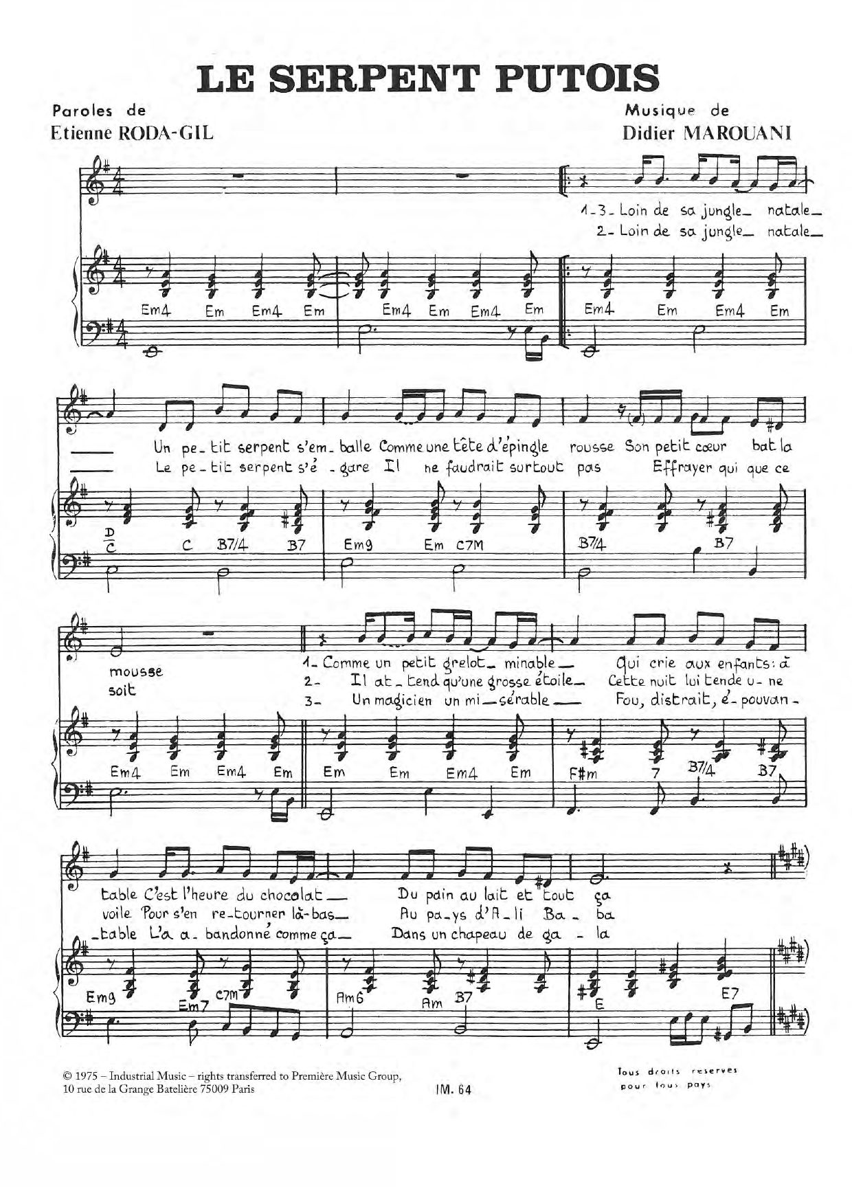 Download Didier Marouani Le Serpent Putois Sheet Music and learn how to play Piano & Vocal PDF digital score in minutes