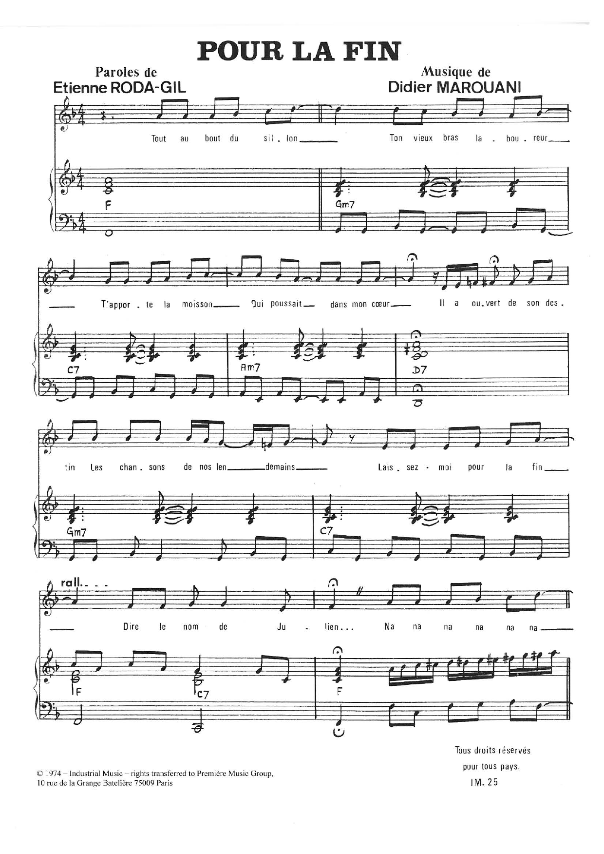 Download Didier Marouani Pour La Fin Sheet Music and learn how to play Piano & Vocal PDF digital score in minutes