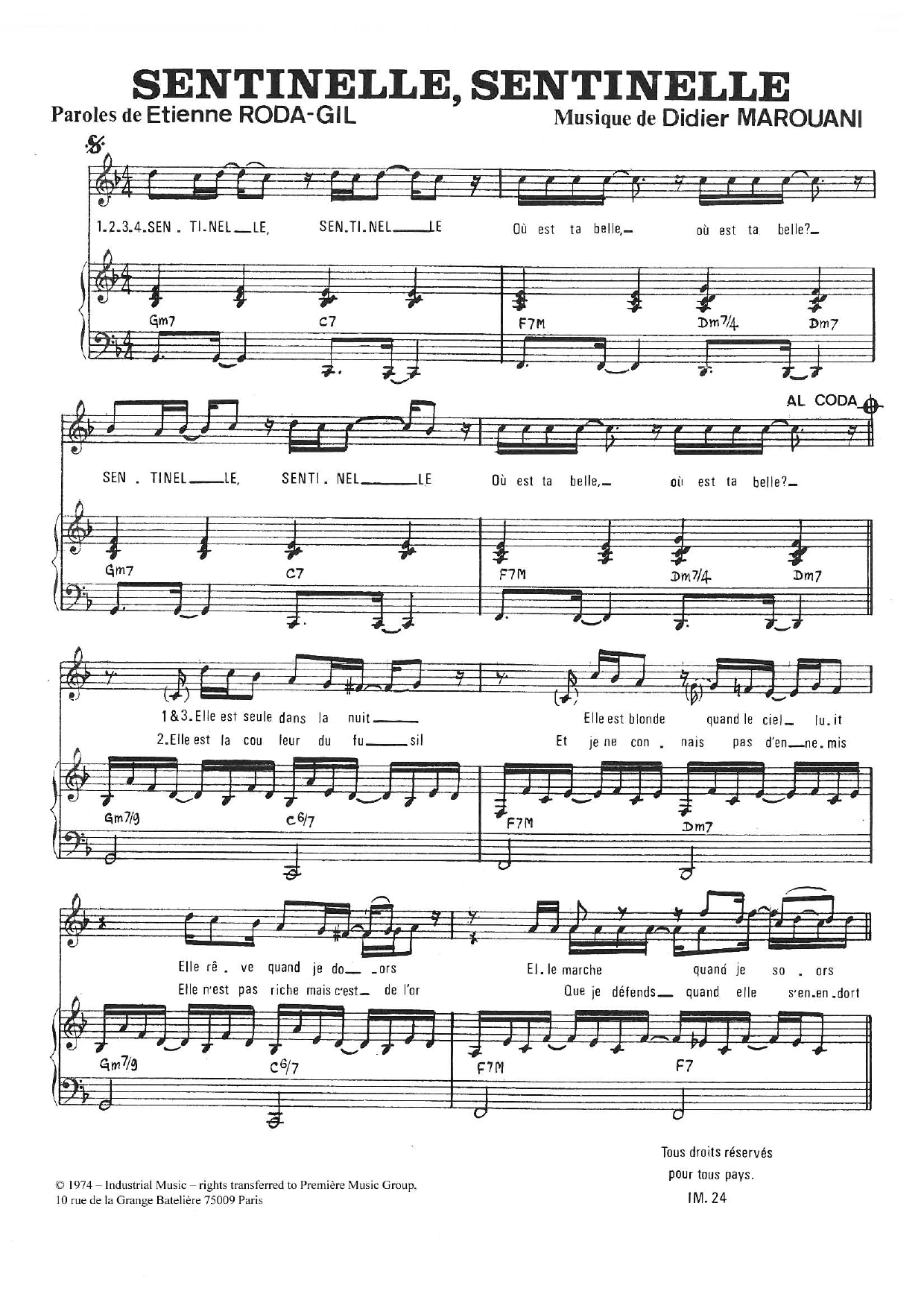 Download Didier Marouani Sentinelle, Sentinelle Sheet Music and learn how to play Piano & Vocal PDF digital score in minutes