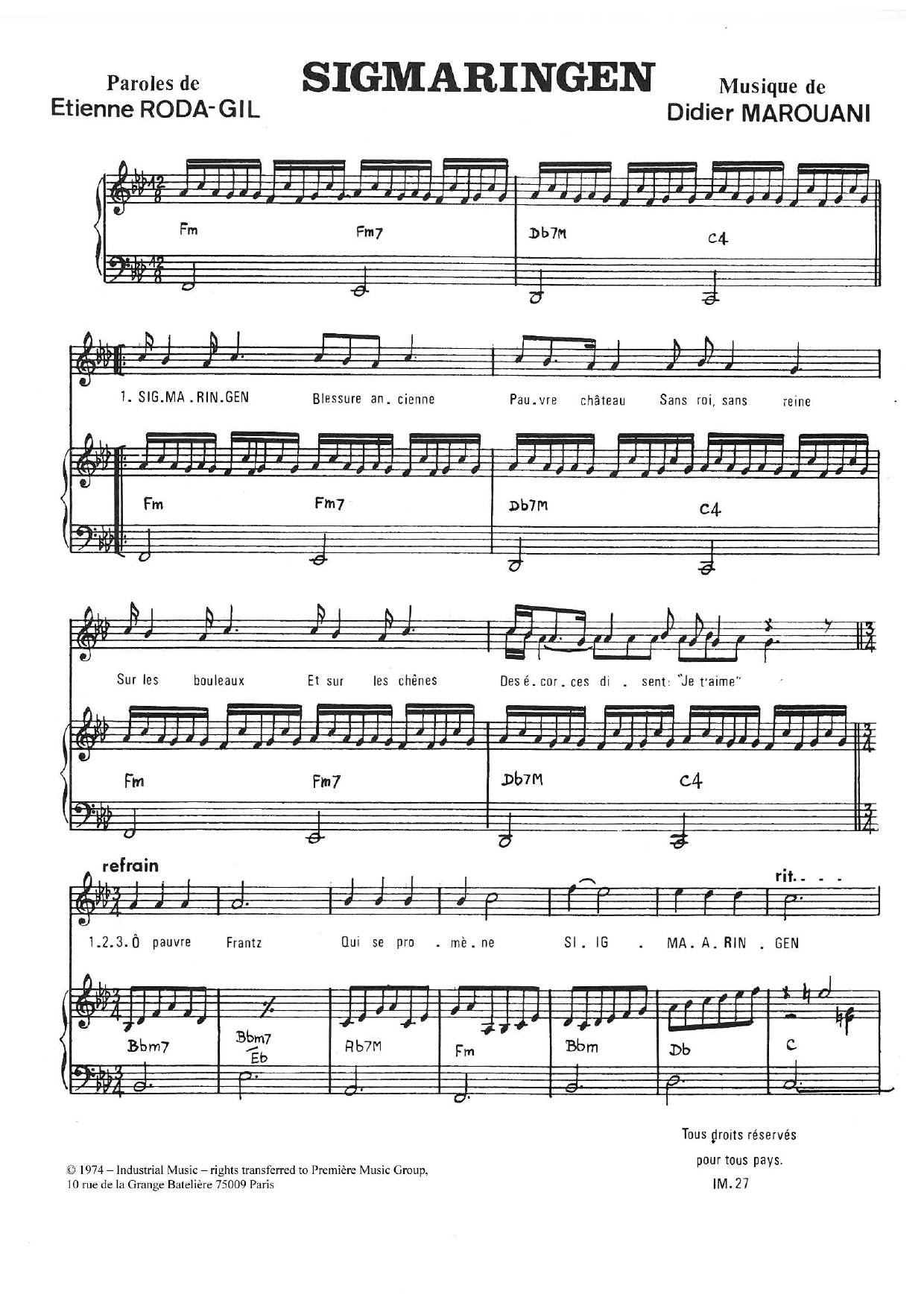 Download Didier Marouani Sigmaringen Sheet Music and learn how to play Piano & Vocal PDF digital score in minutes