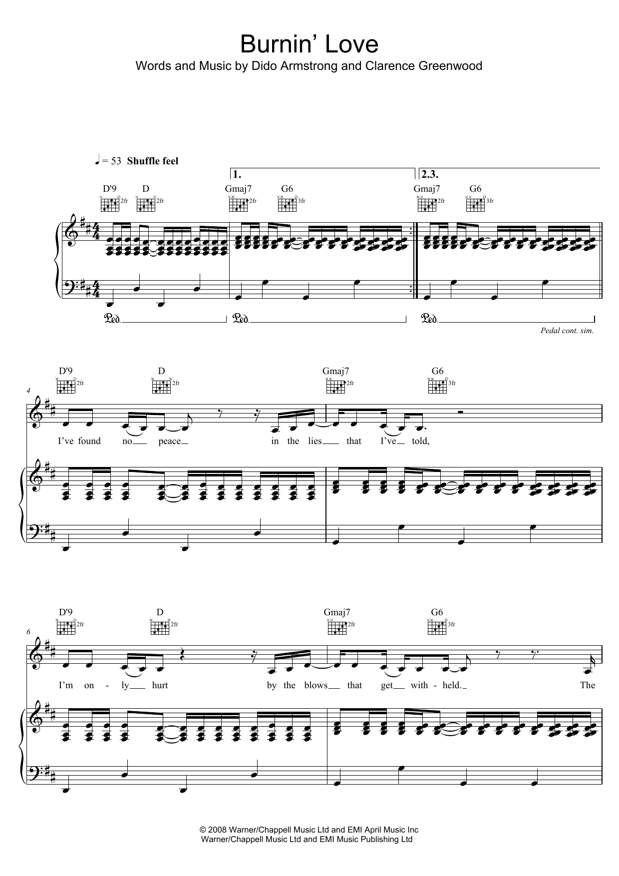 Download Dido Burnin' Love Sheet Music and learn how to play Piano, Vocal & Guitar (Right-Hand Melody) PDF digital score in minutes