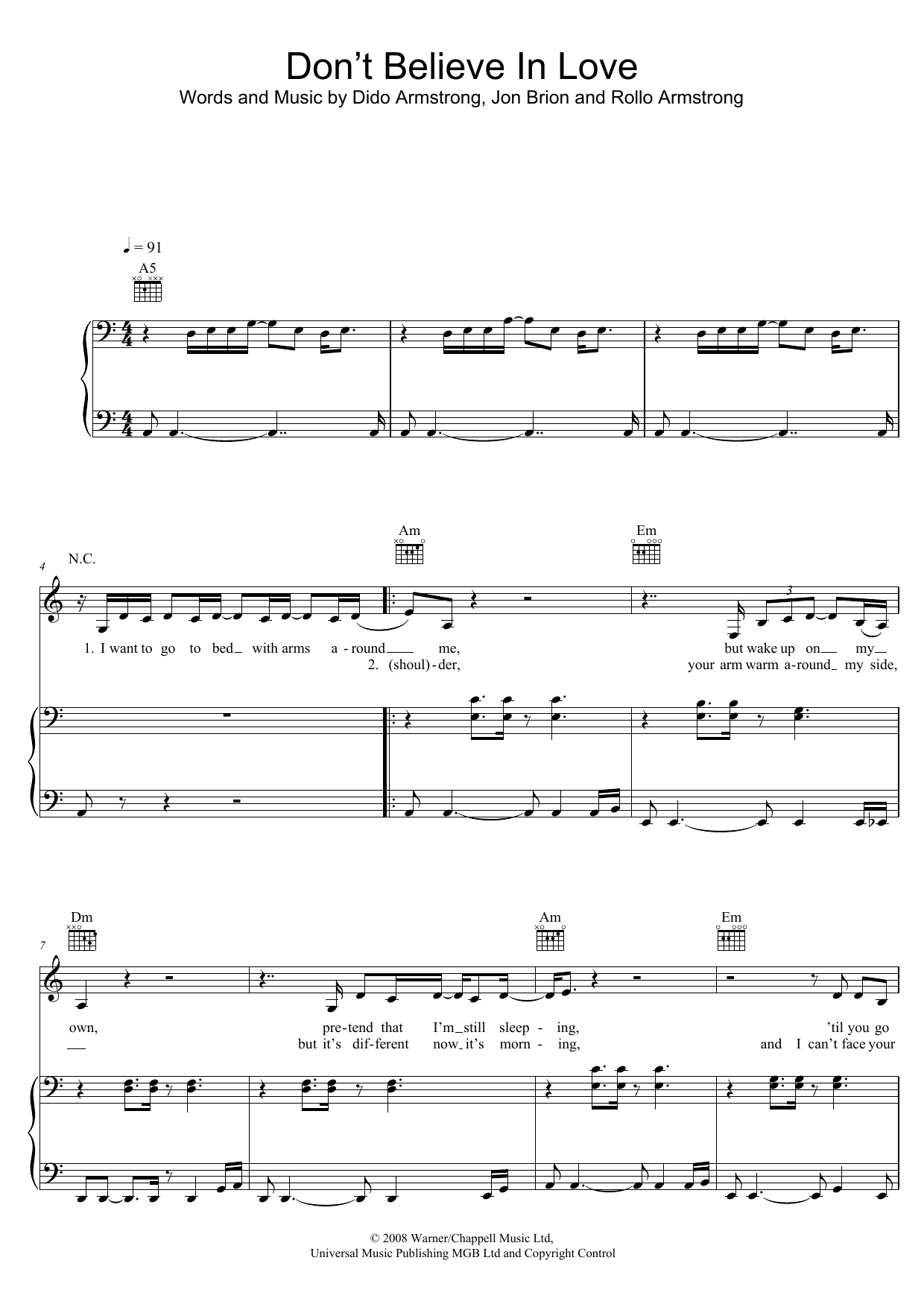 Download Dido Don't Believe In Love Sheet Music and learn how to play Piano, Vocal & Guitar (Right-Hand Melody) PDF digital score in minutes