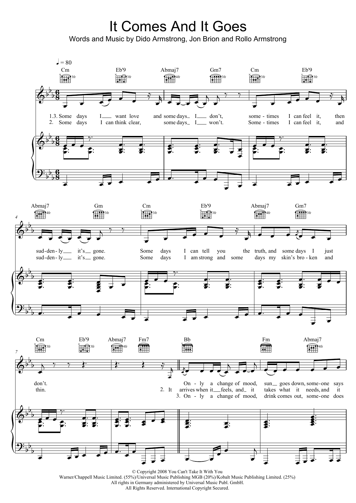 Download Dido It Comes And It Goes Sheet Music and learn how to play Piano, Vocal & Guitar (Right-Hand Melody) PDF digital score in minutes