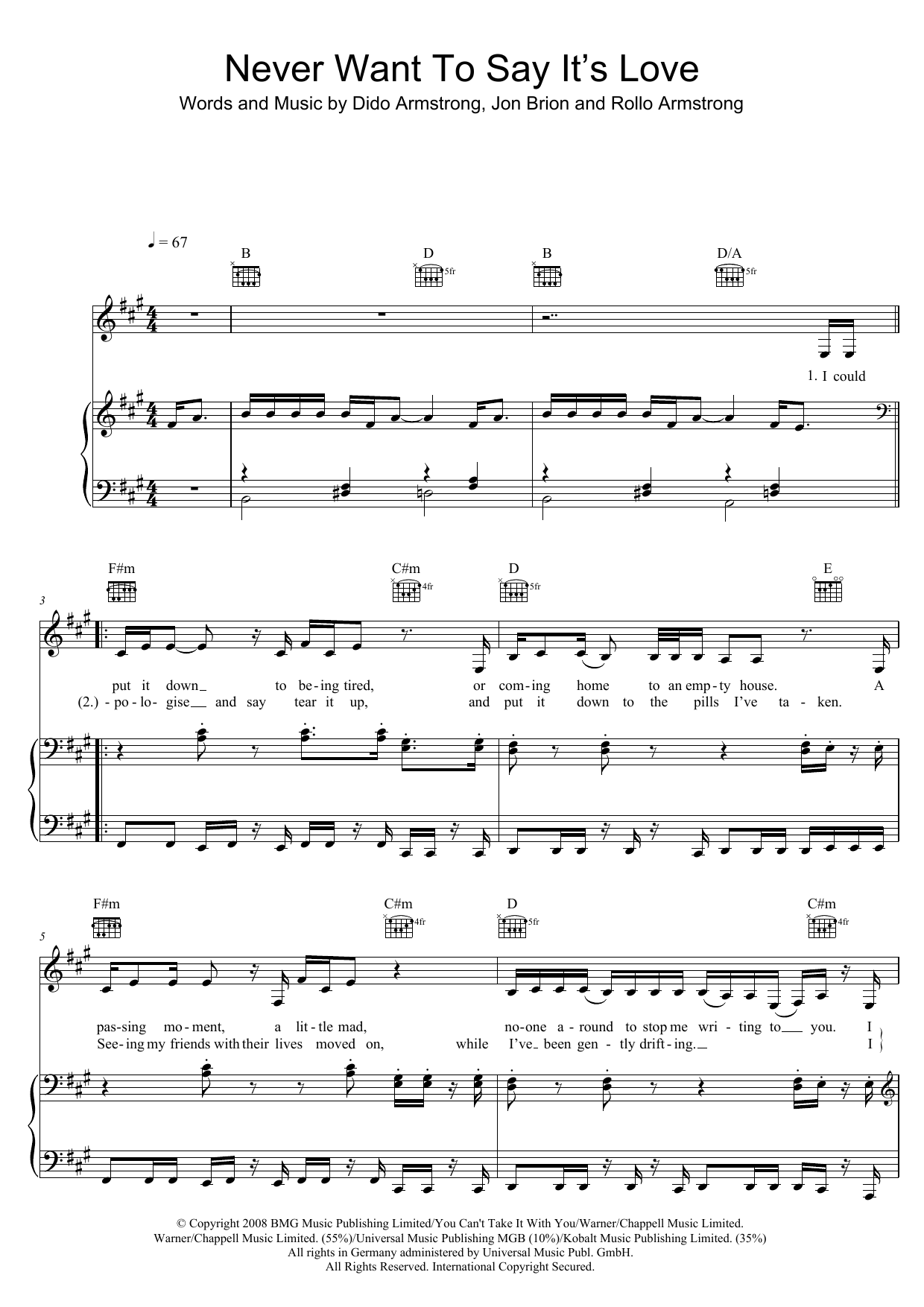 Download Dido Never Want To Say It's Love Sheet Music and learn how to play Piano, Vocal & Guitar (Right-Hand Melody) PDF digital score in minutes