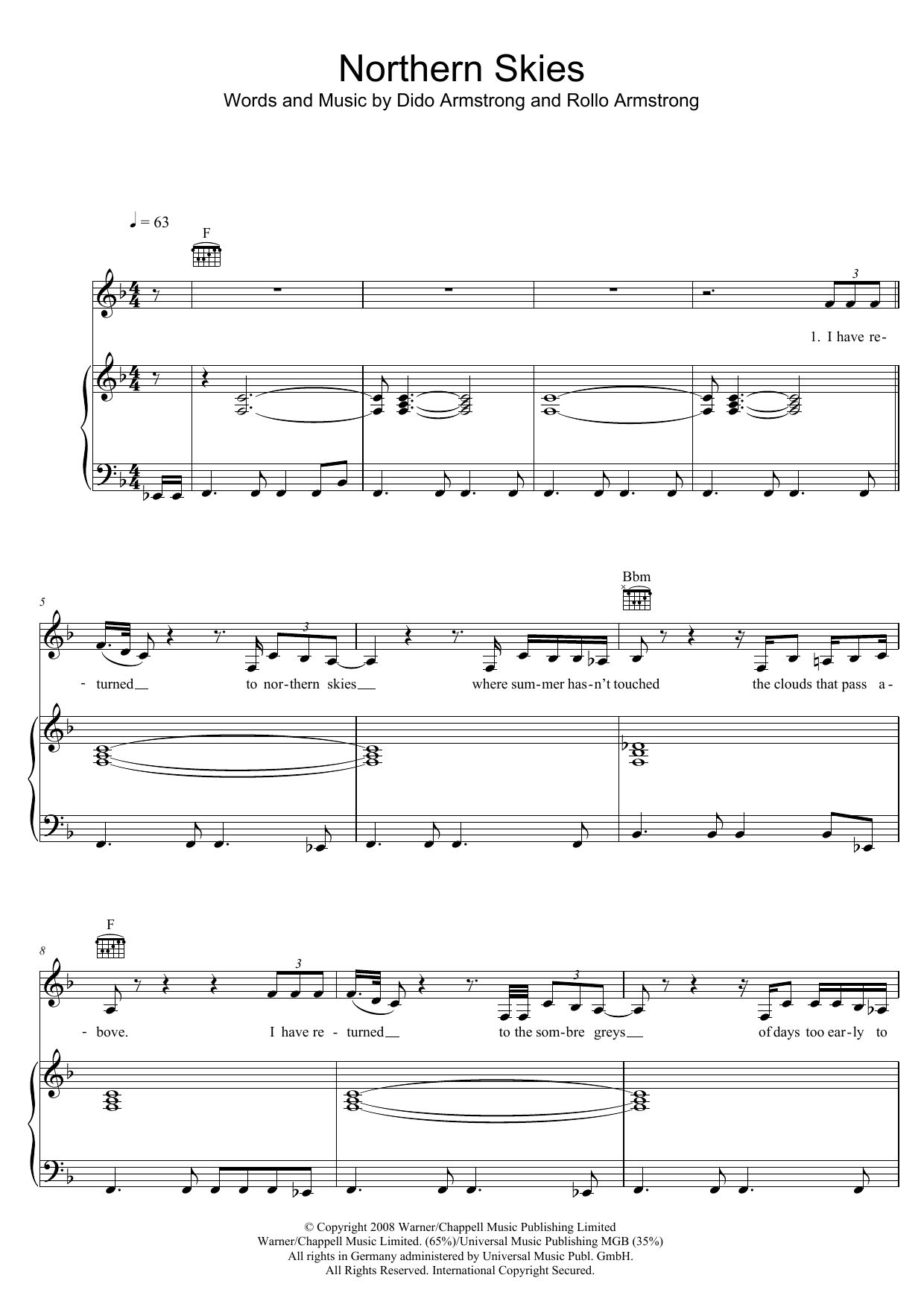 Download Dido Northern Skies Sheet Music and learn how to play Piano, Vocal & Guitar (Right-Hand Melody) PDF digital score in minutes
