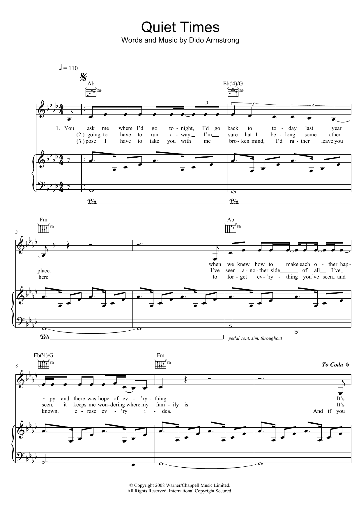 Download Dido Quiet Times Sheet Music and learn how to play Piano, Vocal & Guitar (Right-Hand Melody) PDF digital score in minutes
