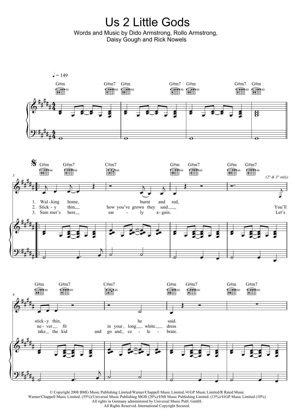 Download Dido Us 2 Little Gods Sheet Music and learn how to play Piano, Vocal & Guitar (Right-Hand Melody) PDF digital score in minutes