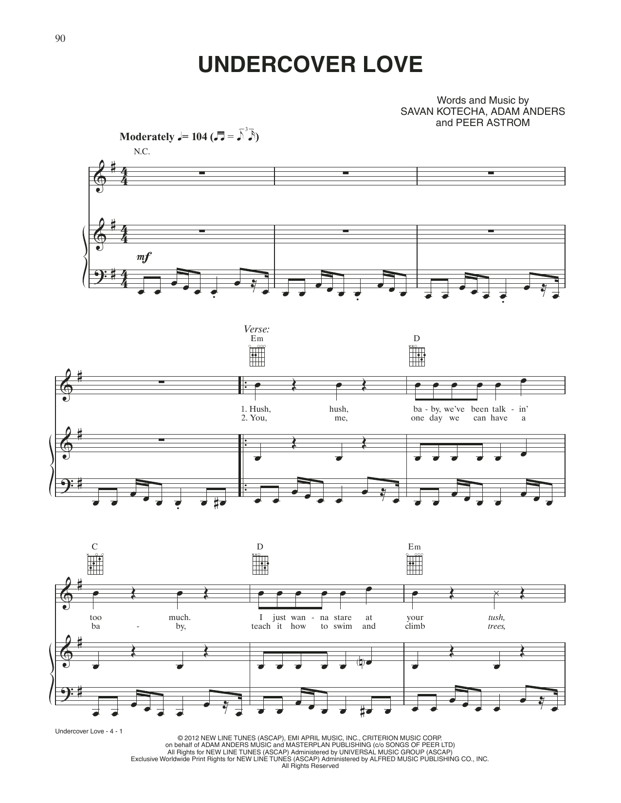 Download Diego Boneta Undercover Love (from Rock Of Ages) Sheet Music and learn how to play Piano, Vocal & Guitar Chords (Right-Hand Melody) PDF digital score in minutes