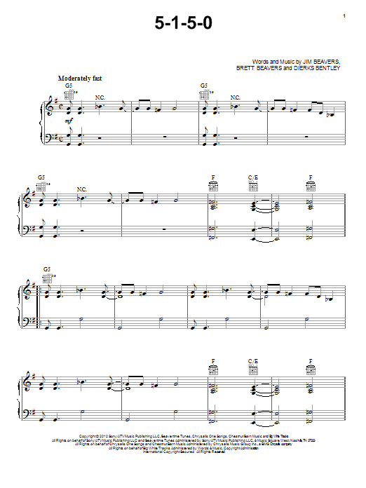 Download Dierks Bentley 5-1-5-0 Sheet Music and learn how to play Piano, Vocal & Guitar (Right-Hand Melody) PDF digital score in minutes