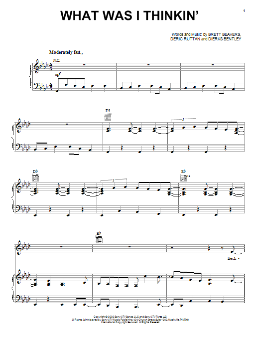 Download Dierks Bentley What Was I Thinkin' Sheet Music and learn how to play Piano, Vocal & Guitar (Right-Hand Melody) PDF digital score in minutes
