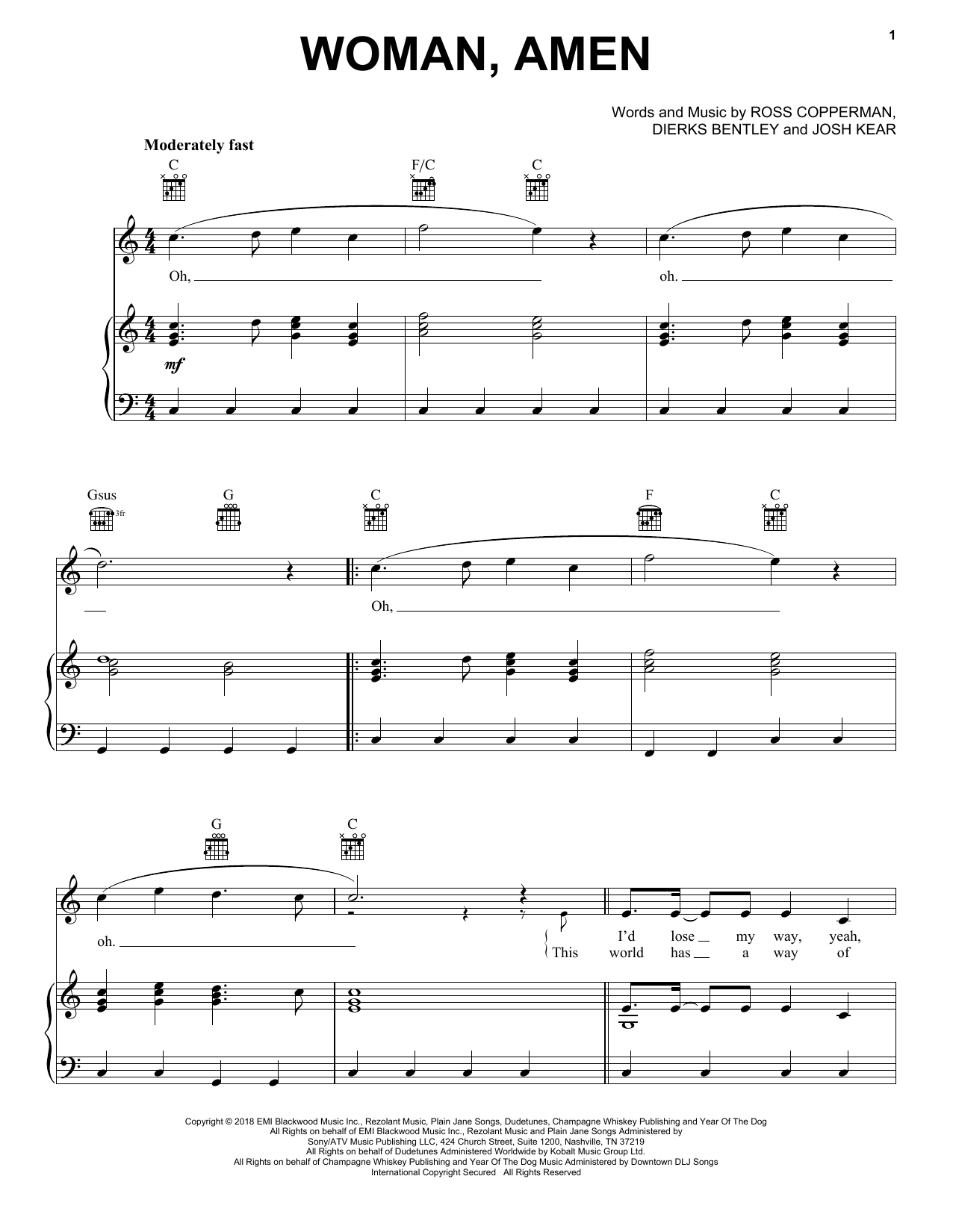 Download Dierks Bentley Woman, Amen Sheet Music and learn how to play Piano, Vocal & Guitar (Right-Hand Melody) PDF digital score in minutes