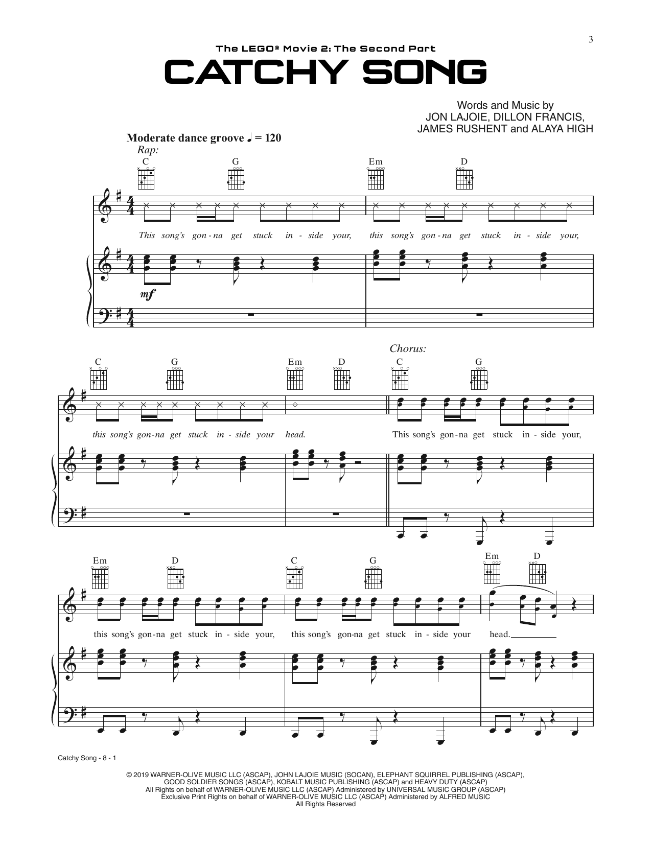 Download Dillon Francis Catchy Song (from The Lego Movie 2) (feat. T-Pain & That Girl Lay Lay) Sheet Music and learn how to play Piano, Vocal & Guitar Chords (Right-Hand Melody) PDF digital score in minutes