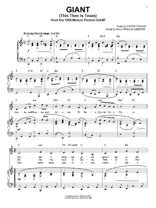 Download Dimitri Tiomkin Giant (This Then Is Texas) Sheet Music and learn how to play Piano, Vocal & Guitar (Right-Hand Melody) PDF digital score in minutes