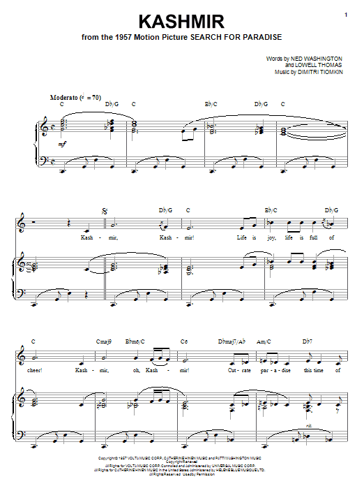 Download Dimitri Tiomkin Kashmir Sheet Music and learn how to play Piano, Vocal & Guitar (Right-Hand Melody) PDF digital score in minutes