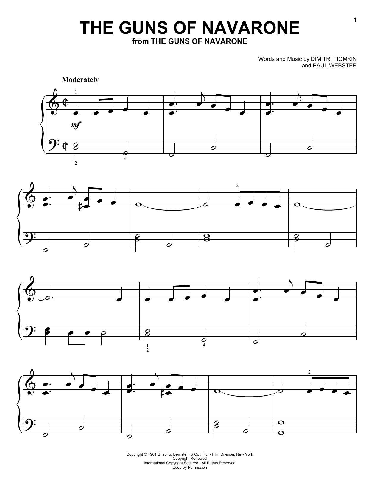 Download Dimitri Tiomkin The Guns Of Navarone (from The Guns of Navarone) Sheet Music and learn how to play Very Easy Piano PDF digital score in minutes
