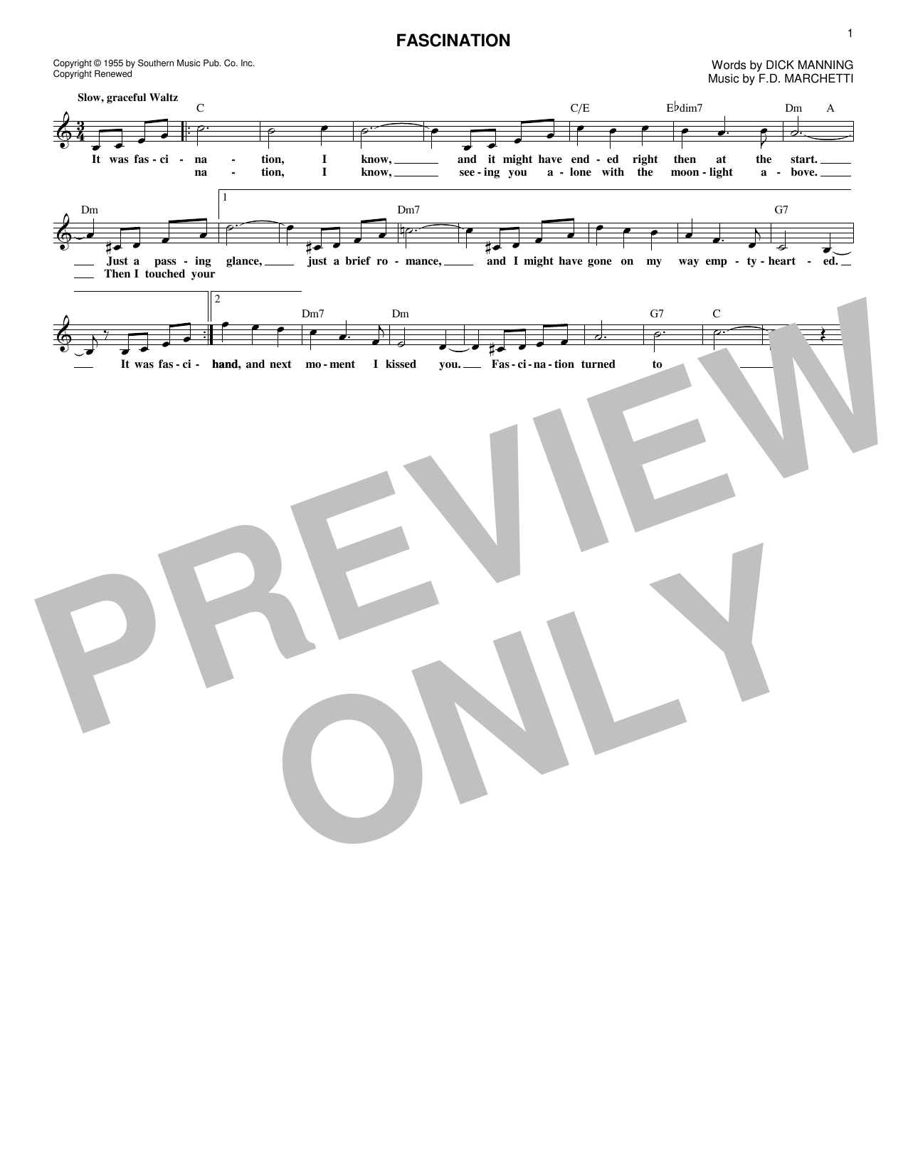 Download Dinah Shore Fascination Sheet Music and learn how to play Lead Sheet / Fake Book PDF digital score in minutes