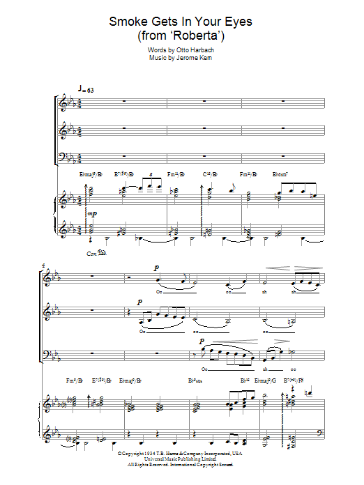 Download Dinah Washington Smoke Gets In Your Eyes (from 'Roberta') Sheet Music and learn how to play SAB PDF digital score in minutes