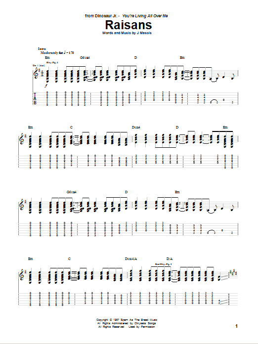 Download Dinosaur Jr. Raisans Sheet Music and learn how to play Guitar Tab PDF digital score in minutes