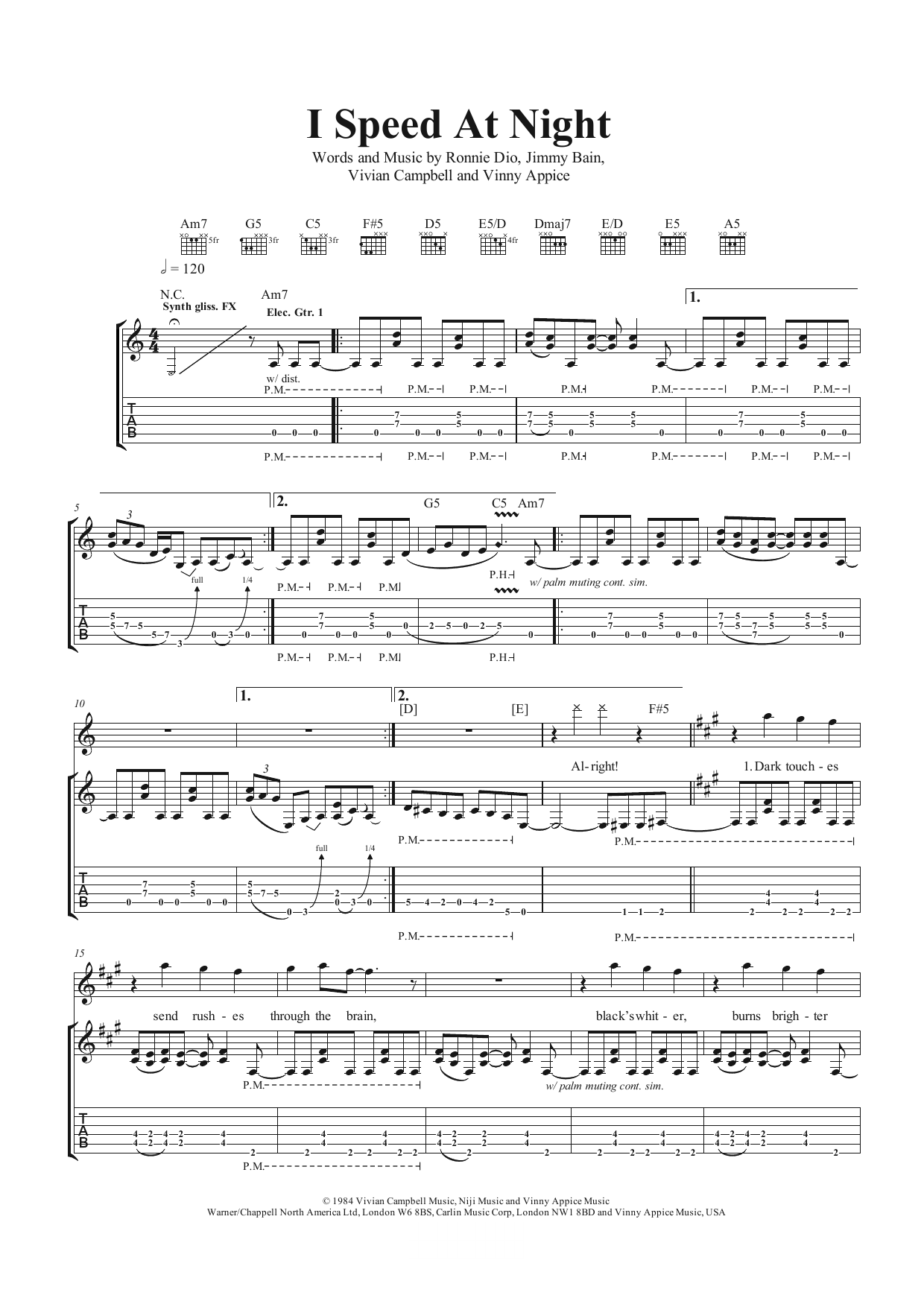 Download Dio I Speed At Night Sheet Music and learn how to play Guitar Tab PDF digital score in minutes