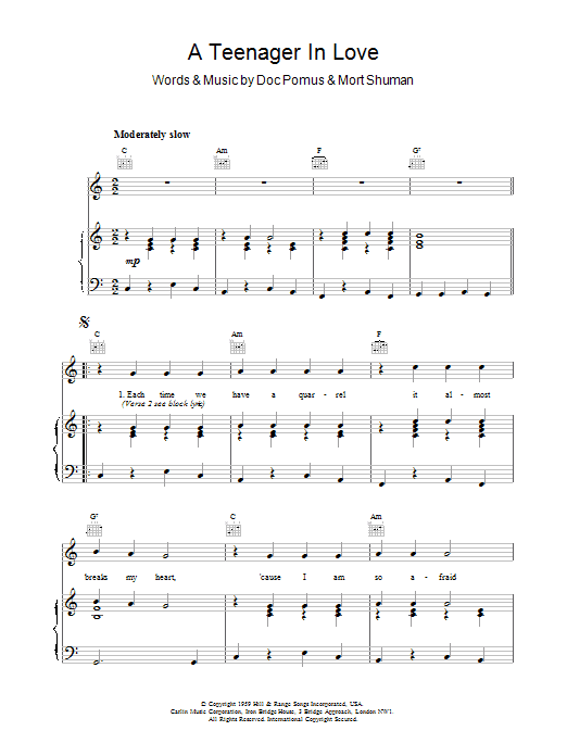 Download Dion & The Belmonts A Teenager In Love Sheet Music and learn how to play Easy Guitar PDF digital score in minutes
