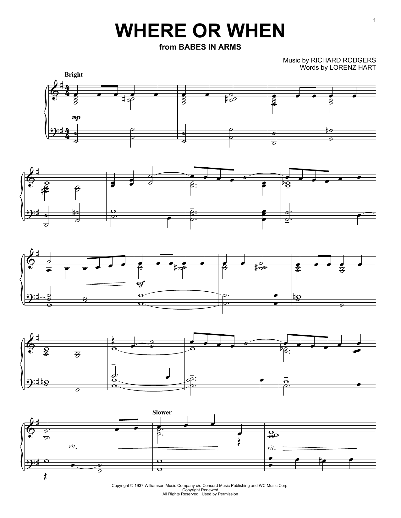 Download Dion & The Belmonts Where Or When (from Babes In Arms) Sheet Music and learn how to play Piano Solo PDF digital score in minutes