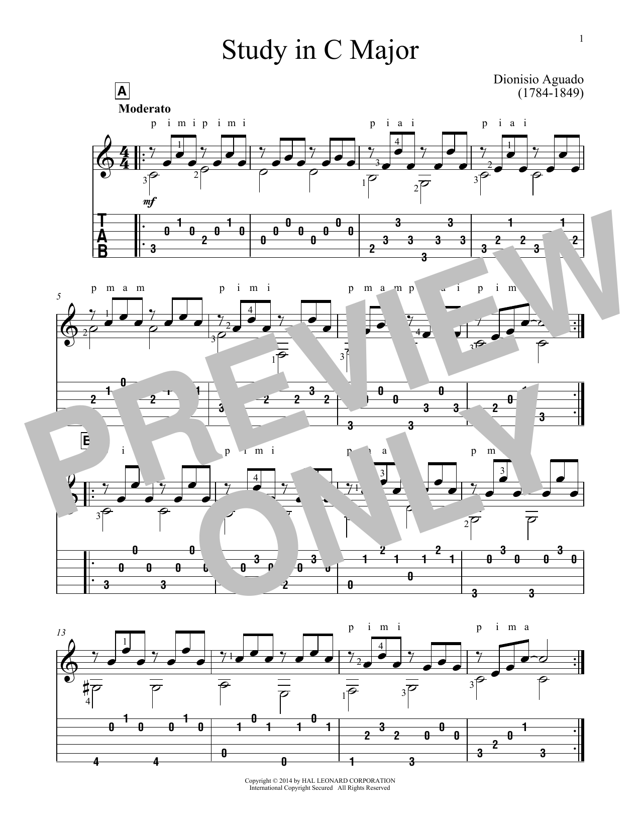 Download Dionisio Aguado Study In C Major Sheet Music and learn how to play Guitar Tab PDF digital score in minutes