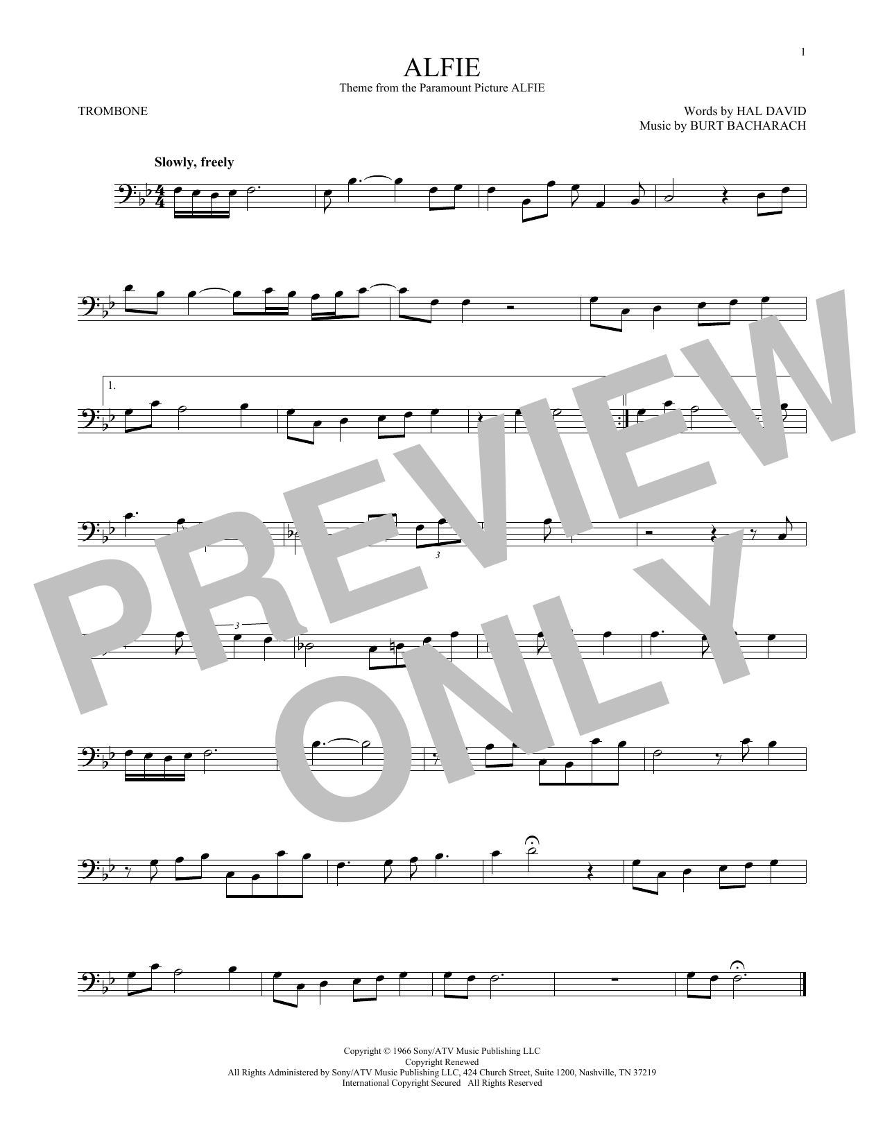 Download Dionne Warwick Alfie Sheet Music and learn how to play Trombone PDF digital score in minutes