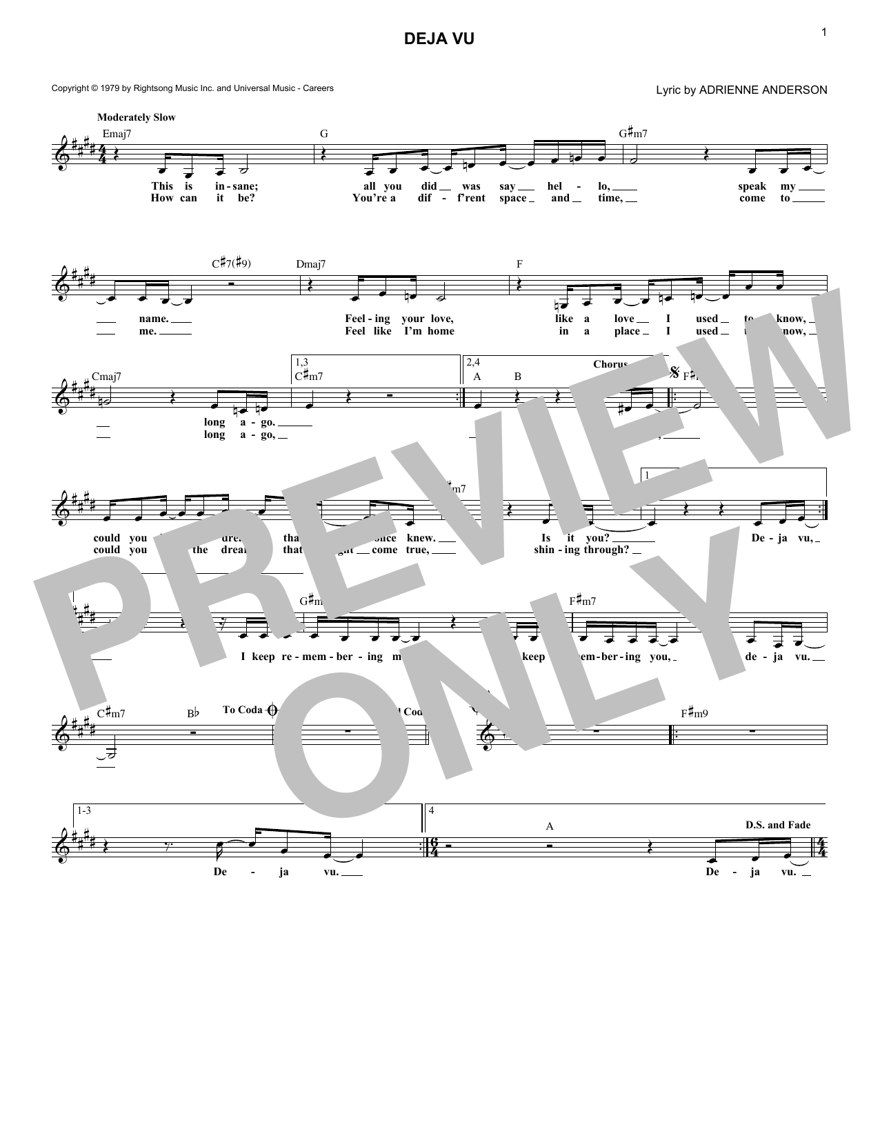Download Dionne Warwick Deja Vu Sheet Music and learn how to play Melody Line, Lyrics & Chords PDF digital score in minutes
