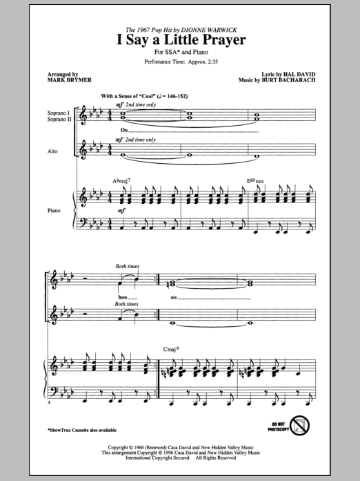 Download Aretha Franklin I Say A Little Prayer (arr. Mark Brymer) Sheet Music and learn how to play SSA PDF digital score in minutes
