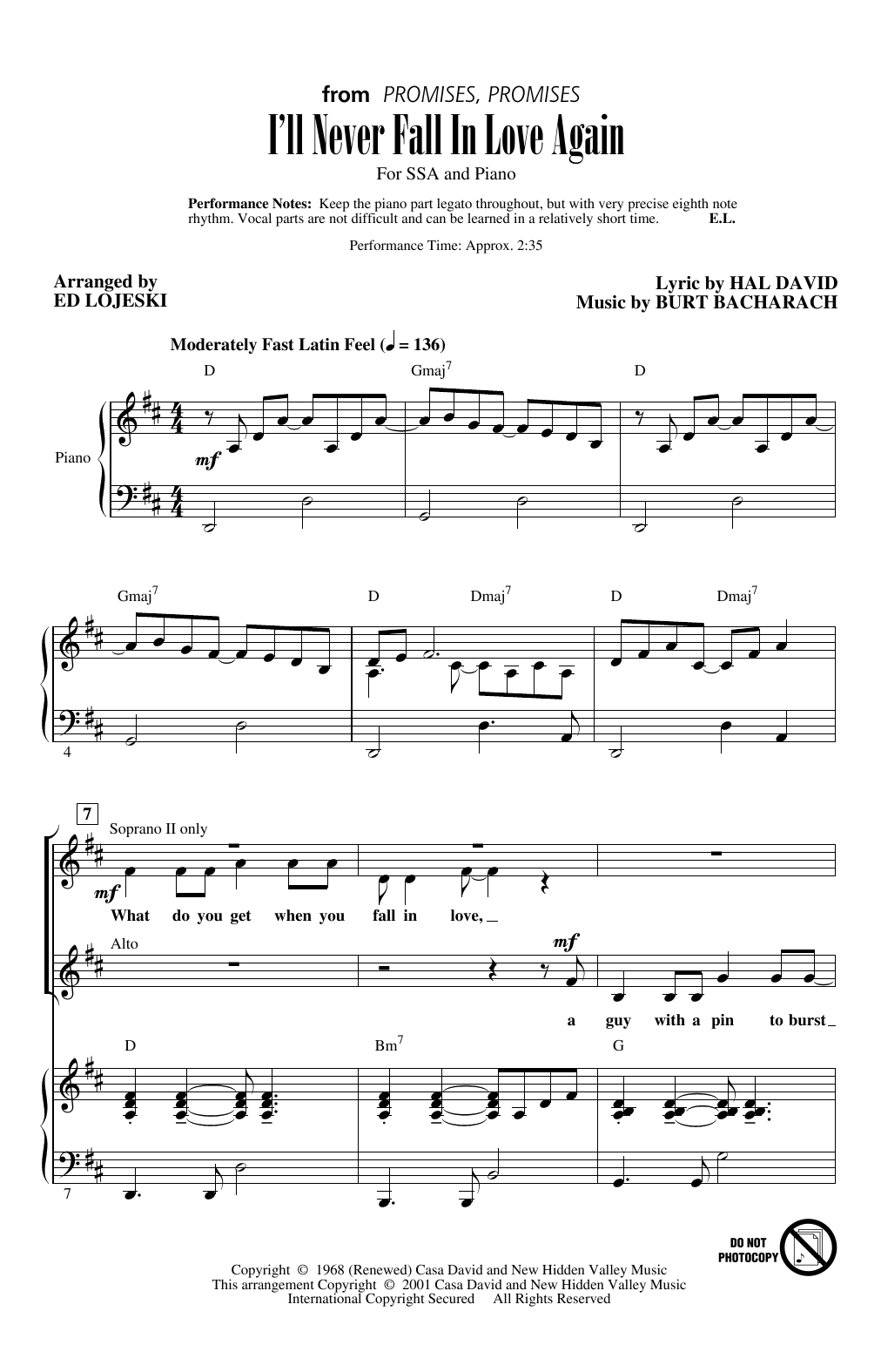 Download Dionne Warwick I'll Never Fall In Love Again (arr. Ed Lojeski) Sheet Music and learn how to play SSA Choir PDF digital score in minutes