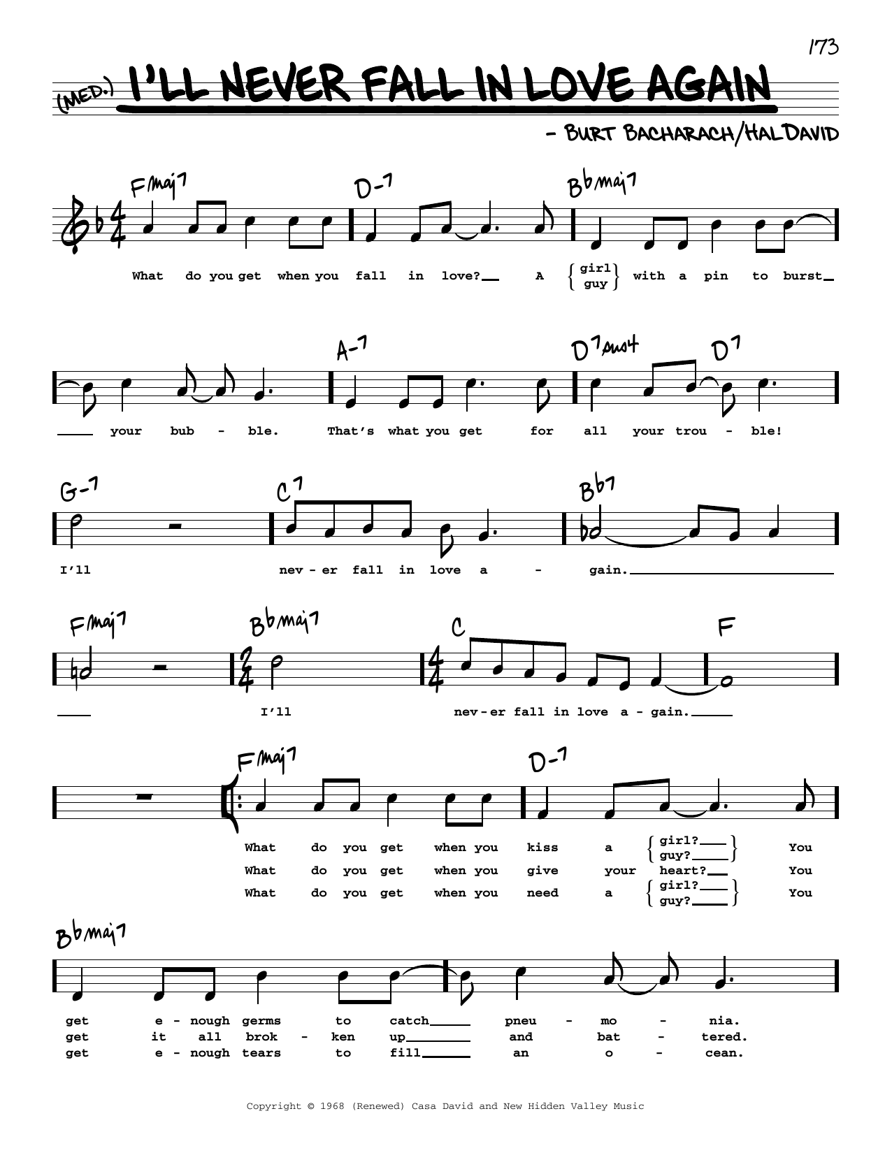 Download Dionne Warwick I'll Never Fall In Love Again (High Voice) (from Promises, Promises) Sheet Music and learn how to play Real Book – Melody, Lyrics & Chords PDF digital score in minutes