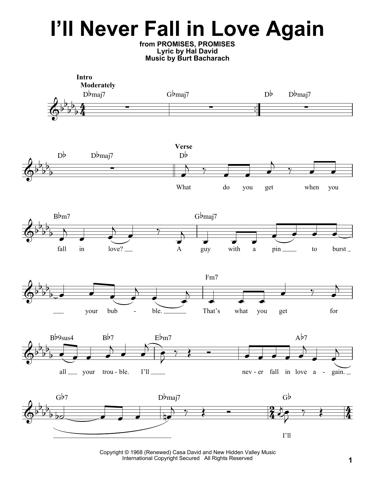 Download Dionne Warwick I'll Never Fall In Love Again Sheet Music and learn how to play Voice PDF digital score in minutes