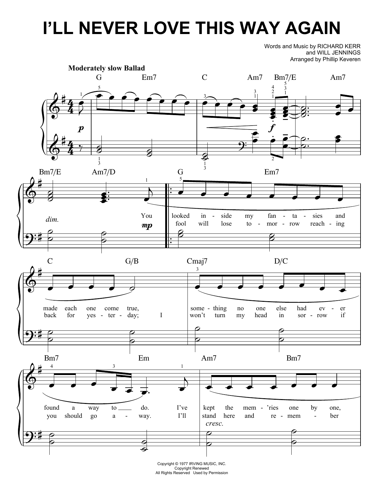Download Dionne Warwick I'll Never Love This Way Again (arr. Phillip Keveren) Sheet Music and learn how to play Easy Piano PDF digital score in minutes