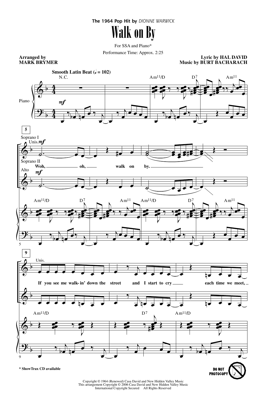 Download Dionne Warwick Walk On By (arr. Mark Brymer) Sheet Music and learn how to play SSA Choir PDF digital score in minutes